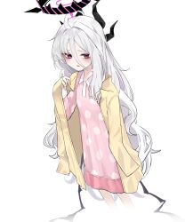  1girl absurdres ahoge bags_under_eyes black_halo black_horns blue_archive d: demon_girl demon_horns demon_wings double-parted_bangs exhausted eyebrows_hidden_by_hair feet_out_of_frame frown furrowed_brow grey_hair hair_between_eyes hair_intakes halo hand_up highres hina_(blue_archive) hina_(pajamas)_(blue_archive) horns jacket jacket_on_shoulders ka_keo long_hair long_hair_between_eyes long_sleeves looking_at_viewer low_wings multiple_horns official_alternate_costume open_clothes open_jacket open_mouth pajamas pink_pajamas polka_dot polka_dot_pajamas sidelocks simple_background solo sparkling_eyes standing very_long_hair violet_eyes white_background wings yellow_jacket 