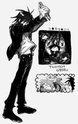  3boys boxcutter commentary denpa_shougai gakuran grey_background greyscale highres holding holding_boxcutter jacket male_focus monochrome multiple_boys multiple_views open_clothes open_jacket randal&#039;s_friends randal_ivory school_uniform sebastian_de_tomato_smith_chicken_legs short_hair simple_background tsukada_satoru 