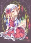  1girl blonde_hair crystal flandre_scarlet from_behind full_body grey_background hat hat_ribbon highres hiyoko_no_tataki mary_janes mob_cap profile puffy_sleeves red_eyes ribbon shirt shoes short_hair short_sleeves side_ponytail sitting skirt skirt_set solo touhou vest wings 