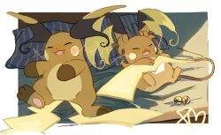  bed cc8nw42u15apug0 electricity fang lying mega_pokemon mega_raichu_x mega_raichu_y multiple_tails no_humans on_back on_bed open_mouth orange_fur pokemon pokemon_(creature) pokemon_focus pokemon_legends:_z-a raichu sleeping smile tail very_long_ears very_long_tail yellow_fur 