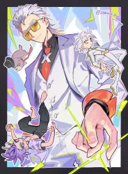  4boys absurdres ahu_(to_be_hero_x) artist_name cape dog dragon_boy_(to_be_hero_x) fedora hair_slicked_back hat hawaiian_shirt highres mohawk mullet multiple_boys necktie nice_(to_be_hero_x) red_necktie shirt snapping_fingers suit tinted_eyewear to_be_hero to_be_hero_x ushinoki vest white_cape white_hair white_suit white_vest x_(to_be_hero_x) x_ornament yellow-tinted_eyewear 