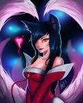  1girl absurdres ahri alycia_(lushie) animal_ears bare_shoulders black_hair breasts cleavage collarbone detached_sleeves facial_mark fox_ears fox_tail glowing heart highres hitodama korean_clothes large_breasts league_of_legends lips long_hair looking_at_viewer multiple_tails orange_eyes parted_lips seductive_smile signature smile solo tail upper_body v_arms whisker_markings 