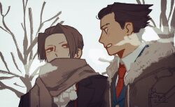  2boys ace_attorney ascot bare_tree black_hair blush breath brown_coat coat commentary_request curtained_hair erm_nkcn grey_eyes grey_scarf highres looking_at_viewer male_focus miles_edgeworth multiple_boys necktie outdoors phoenix_wright red_necktie scarf scarf_over_mouth sky tree white_ascot white_sky winter 