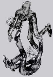  2boys arm_up boxcutter closed_eyes commentary_request denpa_shougai full_body gakuran glasses grey_background greyscale highres holding holding_boxcutter holding_knife jacket knife male_focus monochrome multiple_boys open_clothes open_jacket randal&#039;s_friends randal_ivory school_uniform short_hair simple_background tsukada_satoru v 