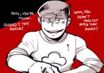  1boy blood bloody_clothes chromatic_aberration english evil_smile hand_on_another&#039;s_chin looking_at_viewer male_focus nyaph osomatsu-kun osomatsu-san osomatsu_(osomatsu-kun) pov red_background shaded_face sleeves_pushed_up smile solo spot_color upper_body 