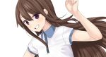  1girl brown_hair buttons collared_shirt couzone eyebrows eyebrows_visible_through_hair grin highres long_hair looking_at_viewer original shirt simple_background smile solo teeth violet_eyes white_background 
