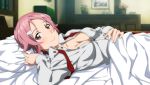  1girl bed breasts cleavage game_cg indoors lisbeth looking_at_viewer lying on_back open_clothes open_shirt pillow pink_air red_eyes shirt smile solo sword_art_online sword_art_online:_hollow_fragment 