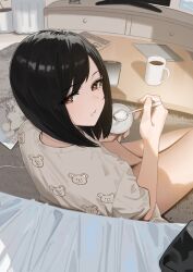  1girl bedroom black_hair brown_eyes cellphone commentary_request cup food food_on_face hara_kenshi highres medium_hair mug open_mouth original pajamas phone sitting smartphone solo spoon 
