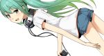  1girl blackberry_ltd casual cellphone couzone dutch_angle green_hair hatsune_miku headphones headphones_around_neck highres long_hair long_legs phone shorts simple_background solo twintails vocaloid white_background 