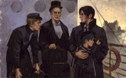  4boys black_hair black_hat black_necktie black_suit black_vest blue_hair boat character_request child ciel_phantomhive cigarette collared_shirt cowboy_shot ecler_ecler facial_hair glasses grey_hair hand_on_another&#039;s_back hat height_difference holding holding_suitcase kuroshitsuji lifebuoy looking_at_viewer multiple_boys mustache necktie outdoors painterly popped_collar scarf sebastian_michaelis ship_deck shirt short_hair slouching spyglass suit suitcase swim_ring top_hat vest watercraft white_shirt 