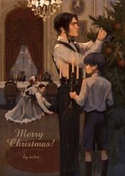  1girl 2others 3boys black_eyes black_hair black_socks black_vest blue_shorts bow bowtie candelabra candlestand chandelier character_request christmas_tree ciel_phantomhive curtains ecler_ecler height_difference highres holding_candlestand kuroshitsuji maid merry_christmas multiple_boys multiple_others painting_(object) rug sebastian_michaelis shirt short_hair shorts sidelocks socks standing vest white_shirt window 