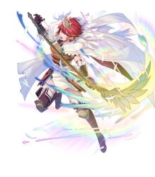  1girl armor attack boots brown_gloves cape fire_emblem fire_emblem_fates fire_emblem_heroes garter_straps gloves highres hinoka_(fire_emblem) hinoka_(warrior_of_gusto)_(fire_emblem) holding holding_polearm holding_weapon japanese_armor knee_boots naginata non-web_source official_alternate_costume official_art polearm red_cape red_eyes red_hair short_hair solo two-sided_cape two-sided_fabric v-shaped_eyebrows weapon white_cape 