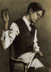  1boy black_eyes black_hair black_vest collared_shirt ecler_ecler expressionless highres holding_sewing_needle kuroshitsuji male_focus painterly sebastian_michaelis sepia sewing shirt short_hair sleeves_rolled_up solo vest white_shirt 