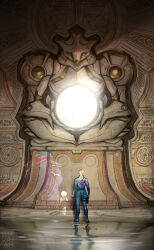  2girls absurdres aged_down blonde_hair blue_bodysuit bodysuit child chozo dual_persona english_commentary full_body highres max_kay metroid multiple_girls mural ponytail purple_robe remembering robe ruins_test samus_aran water wide_shot zero_suit 