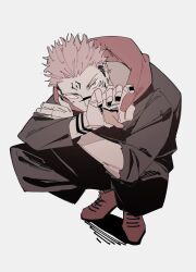  1boy black_nails full_body glaring hand_mouth highres itadori_yuuji jujutsu_kaisen koshinomoli male_focus pink_eyes pink_hair possessed red_hood ryoumen_sukuna_(jujutsu_kaisen) shoes simple_background sneakers solo squatting tattoo tongue undercut white_background wrist_tattoo 
