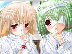 2000s_(style) 2girls animal_ears bandaged_fingers bandages bandaid_on_nose bangs blush canihavepromo eyepatch fingernails green_hair hospital_gown light_brown_hair light_green_hair looking_at_viewer looking_to_the_side moe open_mouth original outline pale_skin patterned_clothing plant red_cross red_eyes sleeves_past_wrists tree white_eyepatch white_outline white_shirt white_sleeves
