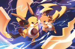 absurdres blue_eyes closed_mouth electricity fang highres hoishere7 lightning_bolt_symbol mega_pokemon mega_raichu_x mega_raichu_y multiple_tails no_humans one_eye_closed orange_fur pokemon pokemon_(creature) pokemon_focus pokemon_legends:_z-a raichu red_eyes smile tail v-shaped_eyes very_long_ears very_long_tail yellow_fur