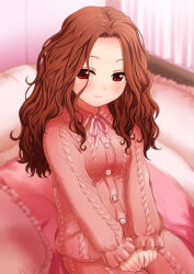  1girl blush brown_hair commentary_request commission hair_down idolmaster idolmaster_cinderella_girls indoors long_hair looking_at_viewer on_bed own_hands_together pajamas pillow red_eyes sakaki_imasato seki_hiromi sitting skeb_commission smile solo wavy_hair 
