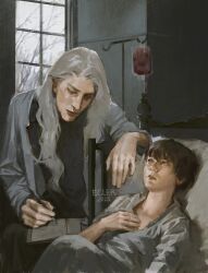  2boys bare_tree bed black_hair blue_eyes ciel_phantomhive cowboy_shot ecler_ecler elbow_rest expressionless hair_over_shoulder hand_on_own_chest head_on_pillow highres holding holding_pen hospital_bed hospital_gown indoors intravenous_drip knees_up kuroshitsuji long_hair looking_at_another lying male_focus multiple_boys notebook pen pillow short_hair sitting tree undertaker_(kuroshitsuji) wavy_hair white_hair window writing 