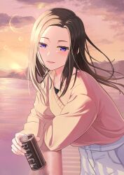  1girl bang_dream! black_hair brown_sweater can canned_coffee commentary_request drink_can highres holding holding_can long_hair long_sleeves looking_at_viewer ocean open_mouth pants railing sidelocks solo sunnysalt_08 sunset sweater violet_eyes wakana_rei white_pants 