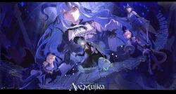  5girls absurdres animal_ears arknights ave_mujica_(bang_dream!) bang_dream! bang_dream!_it&#039;s_mygo!!!!! black_bonnet black_boots black_dress black_gloves black_hair black_horns black_ribbon blonde_hair blue_eyes blue_hair bonnet boots cat_ears cat_girl chinese_commentary closed_mouth commentary_request copyright_logo curled_horns detached_collar dog_ears dog_girl dress floppy_ears frilled_dress frilled_sleeves frills gloves gothic_lolita green_hair guitar hair_between_eyes hair_ornament hair_ribbon high_heel_boots high_heels highres holding holding_weapon horns instrument kemonomimi_mode keyboard_(instrument) letterboxed lolita_fashion long_hair medium_hair miaoling_(miaoling_33zenobia) misumi_uika misumi_uika_(caged_singer) multiple_girls puffy_sleeves puppet_strings purple_hair rabbit_ears rabbit_girl ribbon short_hair sidelocks sitting smile standing stuffed_animal stuffed_rabbit stuffed_toy tail togawa_sakiko togawa_sakiko_(master_of_melodia) violet_eyes wakaba_mutsumi wakaba_mutsumi_(marionette&#039;s_id) weapon wolf_ears wolf_girl wolf_tail wrist_cuffs x_hair_ornament yahata_umiri yahata_umiri_(moonlight_executioner) yellow_eyes yuutenji_nyamu yuutenji_nyamu_(magician_of_passion) 