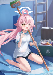  1girl absurdres ahoge barefoot black_shorts blue_archive blush breasts broom commentary_request cooler empty_pool fang gym_shirt gym_shorts gym_uniform hair_between_eyes halo hand_up highres holding holding_broom hose hoshino_(blue_archive) long_hair maruaki on_floor one_eye_closed open_mouth pink_hair pool pool_ladder puffy_short_sleeves puffy_sleeves shirt short_sleeves shorts small_breasts solo twitter_username very_long_hair water white_shirt 