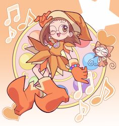  1girl boots bracelet brown_hair castussan commentary dress fairy fujiwara_hazuki glasses gloves hat heart highres jewelry magical_girl musical_note ojamajo_doremi one_eye_closed open_mouth orange_boots orange_dress orange_gloves pearl_bracelet rere_(ojamajo_doremi) round_eyewear smile star_(symbol) training_tap witch witch_hat 