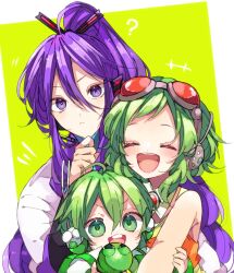  +++ 1girl 2boys ? closed_eyes commentary_request double-parted_bangs facing_viewer goggles goggles_on_head green_background green_hair gumi hair_between_eyes kaho_0102 kamui_gakupo long_hair multiple_boys notice_lines orange_shirt ponytail purple_hair red-tinted_eyewear ryuuto_(vocaloid) shirt short_hair sleeveless sleeveless_shirt tinted_eyewear v-shaped_eyebrows vocaloid white_shirt 