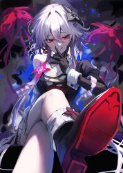  1girl absurdres asymmetrical_dress black_dress black_flower black_gloves dress evernight_(honkai:_star_rail) flower flower_ornament gloves hair_flower hair_ornament hairclip highres honkai:_star_rail honkai_(series) march_7th_(honkai:_star_rail) neneneneko parallel_hairclips pink_hair red_eyes single_bare_shoulder 