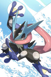  1other frog furry greninja highres long_tongue makoto_ikemu mega_greninja mega_pokemon ninja pink_eyes pokemon pokemon_(creature) pokemon_focus pokemon_legends:_z-a red_eyes scarf shuriken solo tongue tongue_scarf very_long_tongue water weapon webbed_feet 
