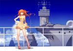  1girl aircraft_carrier ask_(askzy) bare_arms bare_legs blue_eyes brown_hair choker clouds dress hand_on_hip long_hair looking_at_viewer neon_genesis_evangelion ship short_dress sky smile solo souryuu_asuka_langley sundress warship wind_lift 