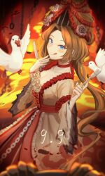  1girl absurdres bird blue_eyes brown_hair burnt_clothes chain choker curtained_hair dress e.g.o_(project_moon) fire flower flower-trimmed_dress fork goose highres holding holding_fork holding_knife indicant's_trial_(e.g.o) knife limbus_company long_hair looking_at_viewer natsoo_(natsoomeee) pink_flower pink_rose project_moon red_background red_choker red_flower red_rose red_sash rodion_(project_moon) rose sash simple_background solo standing tongue tongue_out updo upper_body white_dress white_flower white_rose 