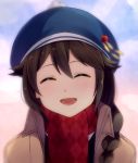 1girl ^_^ blurry braid brown_hair closed_eyes coat commentary face facing_viewer hair_flaps hair_ornament hat kantai_collection open_mouth portrait scarf shigure_(kantai_collection) single_braid smile solo yukichi_(eikichi) 