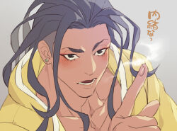  1boy black_hair breath collarbone commentary_request earrings eyelashes grey_background index_finger_raised jacket jamie_siu jewelry long_hair looking_ahead male_focus solo street_fighter street_fighter_6 talgi translation_request undercut yellow_jacket 
