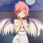 1girl alternate_hairstyle animal_ears anime_coloring bird_wings breasts cato_(monocatienus) collarbone commentary_request fence full_moon large_breasts looking_at_viewer moon mystia_lorelei naked_towel night onsen open_mouth pink_eyes pink_hair ponytail sky touhou towel wings 
