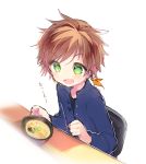  1boy blush brown_hair earrings feathers food green_eyes jewelry male_focus name_(oiuio) noodles open_mouth ramen short_hair smile solo sorey_(tales) tales_of_(series) tales_of_zestiria 