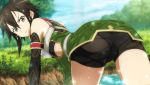  1girl asada_shino ass black_eyes black_hair black_panties black_shorts detached_sleeves game_cg looking_at_viewer outdoors panties see-through shinon_(sao:hf) shorts solo sword_art_online sword_art_online:_hollow_fragment underwear water wet 