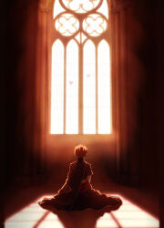  1boy bird brown_cape brown_cloak brown_kimono cang_(iphis233) cape cathedral church cloak crack_of_light dappled_sunlight day drop_shadow evening facing_away hands_on_own_knees highres idolish7 indoors japanese_clothes kimono kneeling light_particles looking_ahead looking_outside male_focus mansion nanase_riku on_ground pigeon red_hair sash seiza sitting stained_glass sunlight vignetting waist_sash 