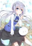  1girl :3 :o angora_rabbit black_skirt blue_bowtie blue_eyes blue_hair blue_vest blush buttons coffee collared_shirt cup dated gochuumon_wa_usagi_desu_ka? highres holding_cup kafuu_chino karumayu kneehighs looking_at_viewer parted_lips petals pocket pointy_ears rabbit scrunchie shirt sitting skirt stone_floor tippy_(gochuumon_wa_usagi_desuka?) twintails white_background white_fur white_shirt x_hair_ornament 