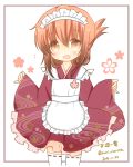  1girl alternate_costume apron brown_eyes brown_hair cherry_blossoms commentary dated inazuma_(kantai_collection) kantai_collection looking_at_viewer maid maid_apron maid_headdress narita_rumi open_mouth smile thigh-highs twitter_username wa_maid 