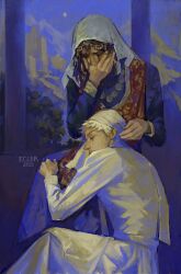  2boys agni_(kuroshitsuji) black_shirt bush check_clothing closed_eyes clothing_request cool_colored ecler_ecler feet_out_of_frame half_moon hand_on_another&#039;s_head hand_on_another&#039;s_leg hand_on_own_face headwrap highres kuroshitsuji lace lap_pillow makeup male_focus moon multiple_boys outdoors red_vest runny_makeup shirt short_hair soma_kadar tears vest white_hair white_shirt 