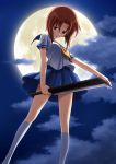  1girl artist_check cleaver clouds highres higurashi_no_naku_koro_ni moon night night_sky official_art orange_hair rato ryuuguu_rena school_uniform serafuku short_hair sky weapon 