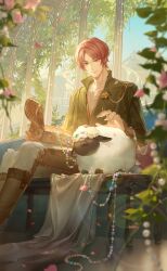  1boy animal artist_request beads blanket boots breasts bridge brooch brown_boots brown_eyes bud closed_mouth collarbone collared_shirt colored_tips couch dress_pants falling_petals feet_out_of_frame fingernails flower flower_brooch game_cg green_shirt grey_pants hanging_breasts happy high_collar highres holding indoors jewelry knee_boots light_particles lips long_sleeves looking_at_animal male_focus mansion multicolored_hair necklace nikki_(series) official_art on_couch orange_hair pants pectoral_cleavage pectorals petals petting pink_flower sheep shining_nikki shirt short_hair sitting smile solo treasure_chest tree unworn_jewelry willow yeeso_(shining_nikki) 