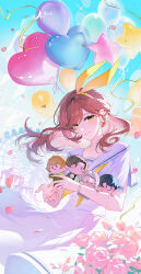  1girl absurdres artem_wing_(tears_of_themis) balloon blue_sky brown_hair character_doll clouds commentary_request day doll dress ferris_wheel flower green_eyes hair_ribbon hairband heart_balloon highres long_hair looking_at_viewer luke_pearce_(tears_of_themis) marius_von_hagen_(tears_of_themis) neckerchief outdoors pink_flower pink_rose ribbon rosa_(tears_of_themis) rose sailor_collar sailor_dress short_sleeves sky smile solo star_balloon sugarcanedove tears_of_themis vyn_richter_(tears_of_themis) white_dress white_sailor_collar yellow_hairband yellow_neckerchief yellow_ribbon 