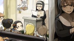  6+girls ahoge bird black_hair bow brown_hair chicken closed_eyes diva_(hyxpk) double_bun english_commentary eyelashes hair_bow hair_bun hairband highres little_nuns_(diva) long_hair multiple_girls nervous_sweating nose_bubble nun overalls poster_(object) red_bow red_overalls shirt short_hair shy shy_nun_(diva) square_nun_(diva) sweat traditional_nun white_hairband white_shirt 