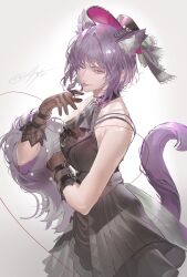  1girl absurdres animal_ears arknights ascot bang_dream! bang_dream!_it&#039;s_mygo!!!!! bare_shoulders black_ascot black_dress black_gloves black_hat breasts cat_ears cat_girl cat_tail cowboy_shot dress feather_boa gloves hat highres kemonomimi_mode large_breasts looking_at_viewer one_eye_closed purple_hair short_hair sleeveless sleeveless_dress smile solo string string_of_fate tail tongue tongue_out violet_eyes yuutenji_nyamu yuutenji_nyamu_(magician_of_passion) zhiyu502921798 