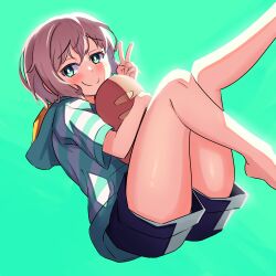  1girl absurdres aoba_moca aqua_background aqua_eyes aqua_hoodie bang_dream! blue_shorts bread closed_mouth commentary english_commentary food grey_hair highres hood hood_down hoodie junji_17 short_hair short_sleeves shorts simple_background solo striped_clothes striped_hoodie v 