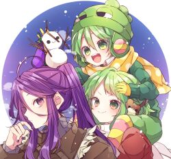  1girl 2boys :d brown_coat closed_mouth coat commentary_request double-parted_bangs gloves green_eyes green_hair green_hat green_sweater gumi hair_between_eyes hand_up hat highres kaho_0102 kamui_gakupo long_hair long_sleeves multiple_boys nail_polish open_mouth parted_bangs ponytail purple_hair purple_nails ryuuto_(vocaloid) short_hair smile snowflakes snowman sweater upper_body violet_eyes vocaloid yellow_gloves 