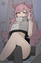  1girl ahoge ai.mi_(omega_strikers) animal_ears armlet artist_name asymmetrical_clothes azz0422 bare_shoulders bike_shorts black_thighhighs blue_eyes commentary covered_mouth crop_top crossed_legs english_commentary eyelashes heterochromia high_collar highres jewelry long_hair looking_at_viewer omega_strikers orange_eyes pink_hair qr_code raised_eyebrows single_bare_arm single_bare_leg single_thighhigh sitting sitting_on_throne sleeveless solo thigh-highs 