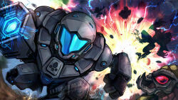  arm_cannon explosion fangs galactic_federation_trooper highres mecha metroid metroid_prime:_federation_force red_eyes robot signature space_pirate_(metroid) visor_(armor) wakaba_(wata_ridley) watermark weapon 